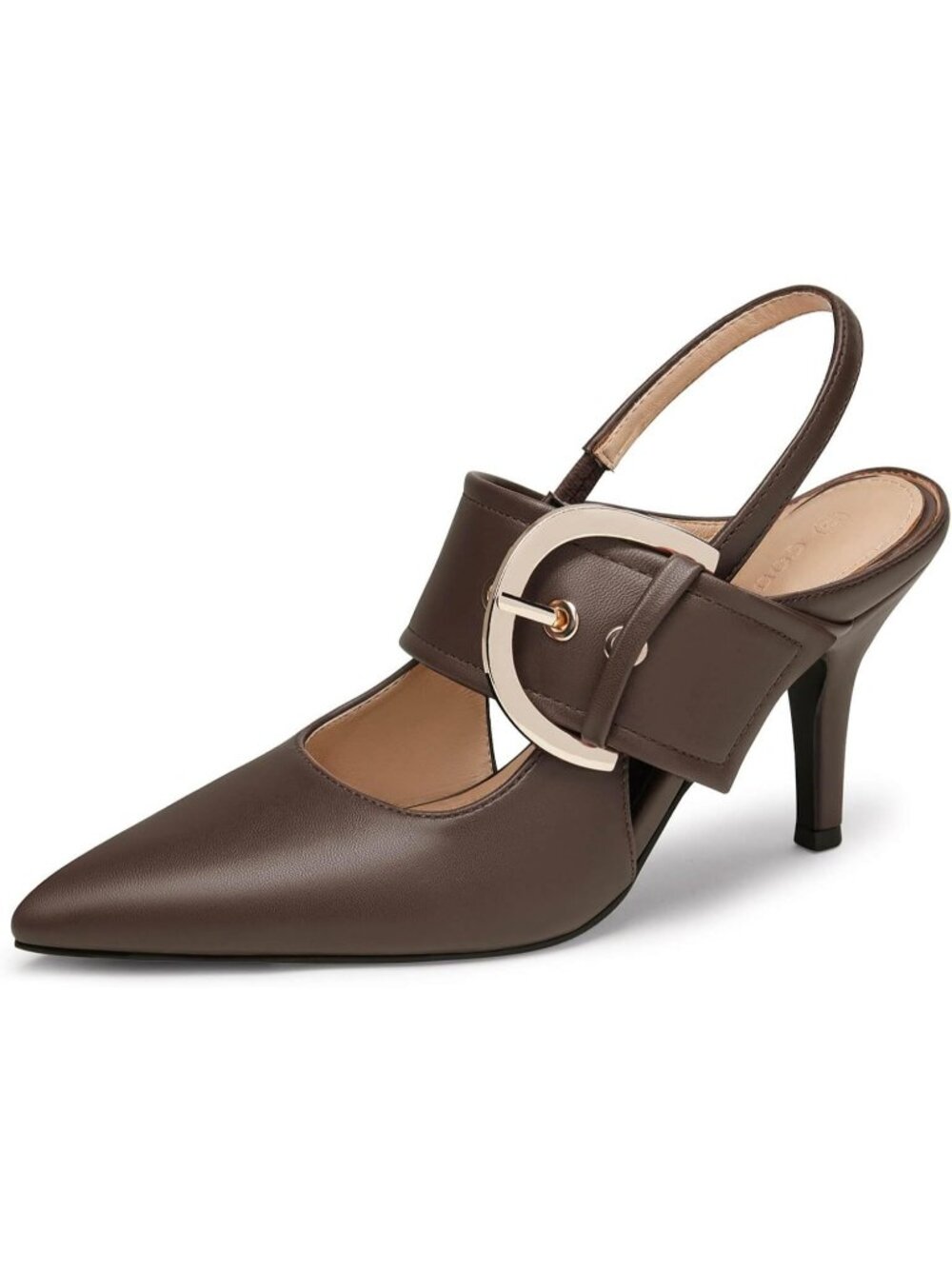 Women's Chocolate Slingback High Heel Closed Pointed Toe Belt Buckle Strap Shoes